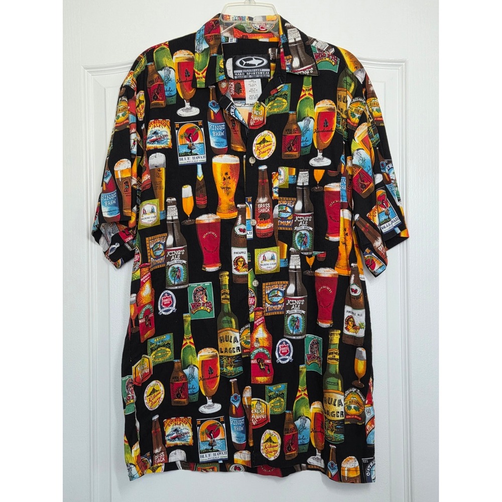 MAKO Sportswear Beer Hawaiian Shirt Tropical Print Button Up USA Made L Vacation
